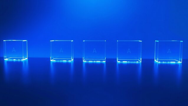 Five clear glass cubes with letter a inside arranged in a row on a surface glowing with bright blue neon light