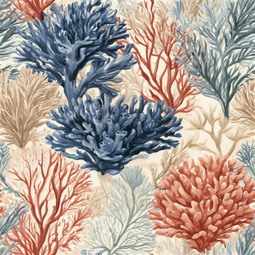 Coral reef seamless pattern with hand painted elegant blue and red coral shapes creating vibrant underwater design