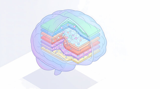 Isometric diagram of a human brain with layered neural network technology inside