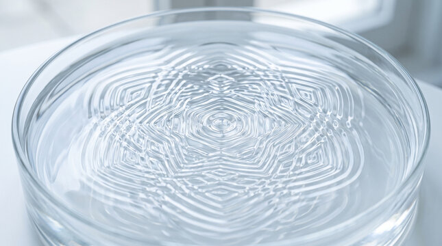 Cymatic sound waves forming geometric patterns in a glass dish of clear water