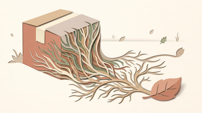 A cardboard box dissolving into intricate tree roots in a paper cut art style