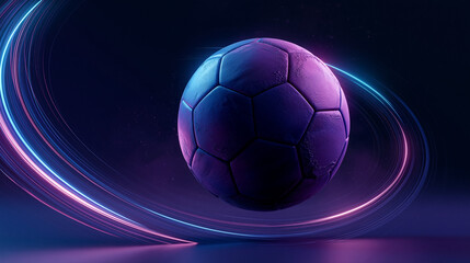Fototapeta premium Close up of a textured soccer ball illuminated by vibrant neon blue and pink light rings.