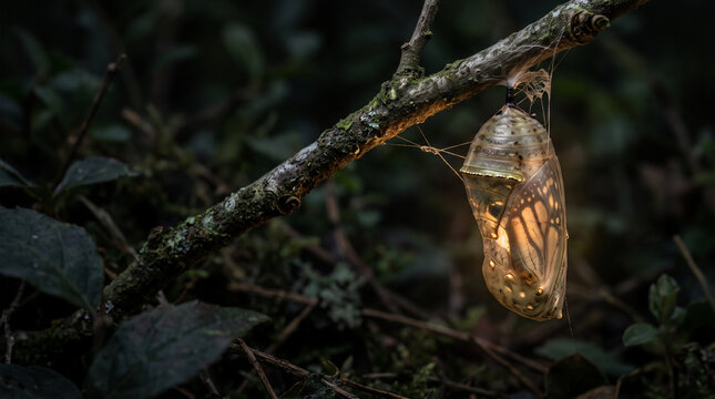 A glowing monarch butterfly chrysalis hanging from a branch