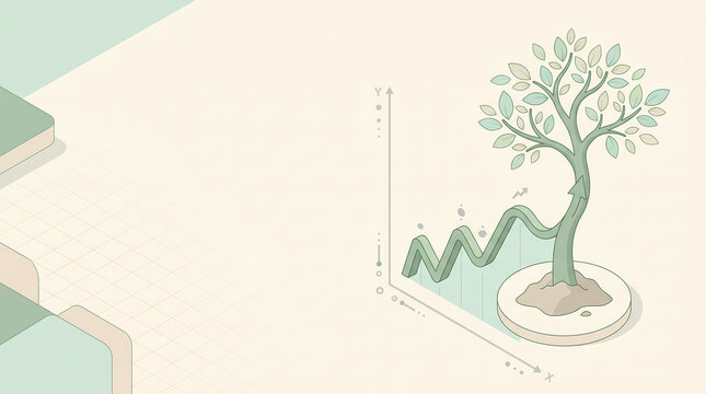 An isometric illustration of a green stock market line chart transforming into a growing tree