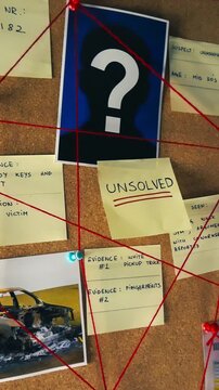 Police investigation board featuring pictures, sticky notes, and red thread connecting evidence in an unsolved criminal case, focusing on the mysterious suspect's silhouette