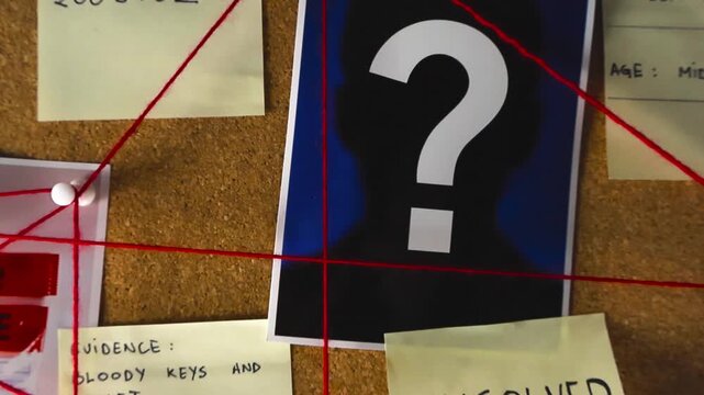 Detective's corkboard showing an unsolved case with evidence, pictures of suspects, and notes connected by red thread, representing a criminal investigation and police work to find the culprit