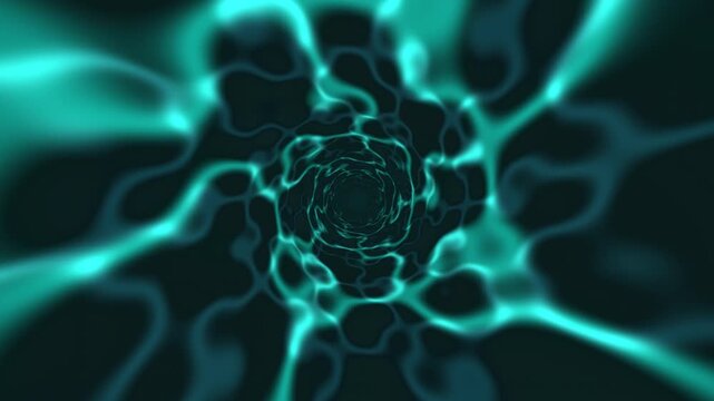 Abstract teal and turquoise glowing lines form a swirling tunnel pattern against dark gray shapes, creating a futuristic, hypnotic centered composition