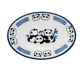 Oval dish with cute panda illustration and blue pattern on white background © sawa