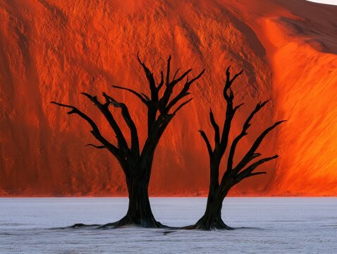 Dead camel thorn trees in deadvlei, namibnaukluft national park, namibia, at sunrise with orange sand dunes