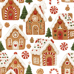 Fototapeta premium Seamless holiday pattern featuring cute gingerbread houses with candy decorations and festive pine trees