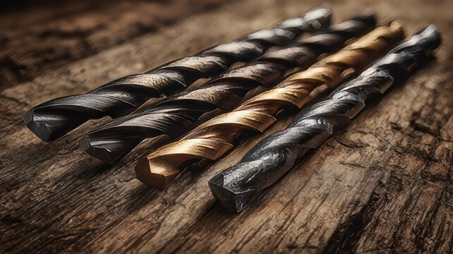 Set of cobalt steel jobber drill bits arranged on a rough wooden surface. 