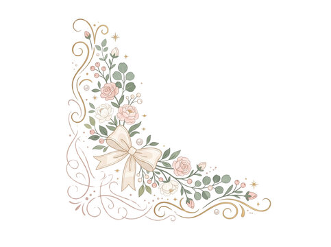 Elegant corner frame with white roses and eucalyptus for wedding invites.