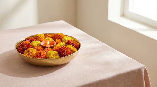 Traditional Diwali Diya with Marigold Flowers and Rangoli Style Floral Decoration on Table