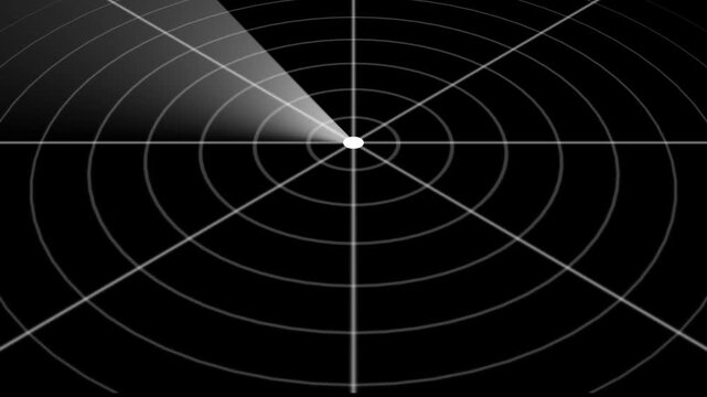 Rotating radar scanner screen animation, digital sonar sweep interface, military surveillance technology background