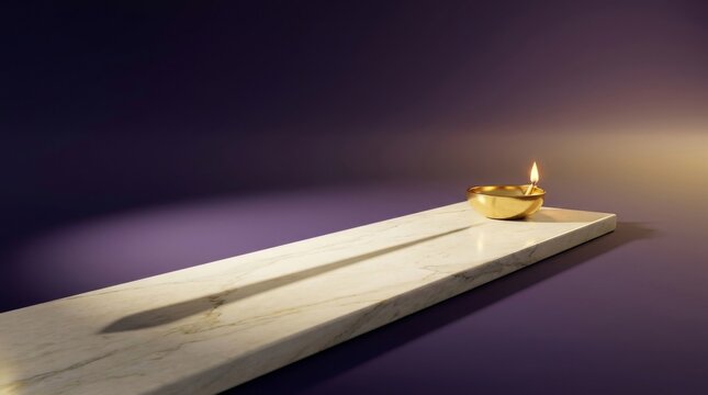 Minimal Diwali Brass Diya with Glowing Flame on Long White Decorative Surface and Purple Background