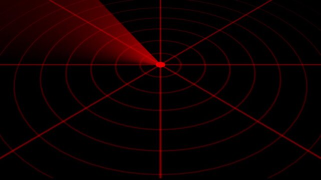 Red radar screen scanning animation, digital sonar interface background, futuristic military surveillance technology loop