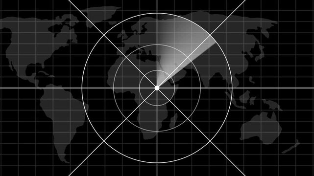 Global radar scanner animation: digital map surveillance and data monitoring interface sonar