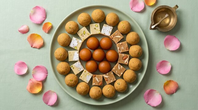 Traditional Indian Diwali Sweets and Snacks Arranged in Circular Festive Pattern with Flower Petals