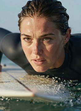 Captures Young Adult Female Engaging In Sport Of Surfing From Elevated Angle Head Level With Face Close Showing Determination Focus