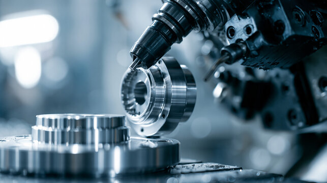 Close-up of precision cnc lathe machining a complex metal part with intricate details.