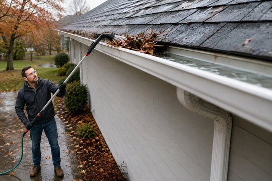 First-Time Homeowner Cleaning Gutters from Ground Level