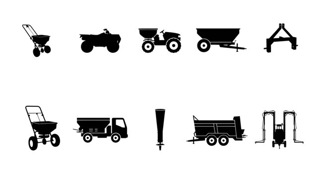 Farm machinery icons display heavy agricultural spreaders, trailers, and utility vehicles on a white background.