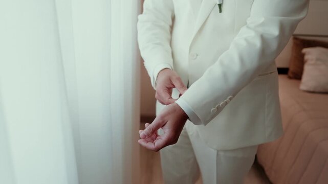 Groom adjusting the shirt cuff of a cream suit jacket beside a bright curtained window