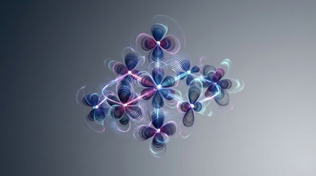 Abstract representation of atomic orbitals and molecular bonds glowing in blue and pink