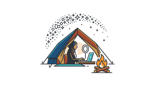 Remote worker with laptop inside camping tent.