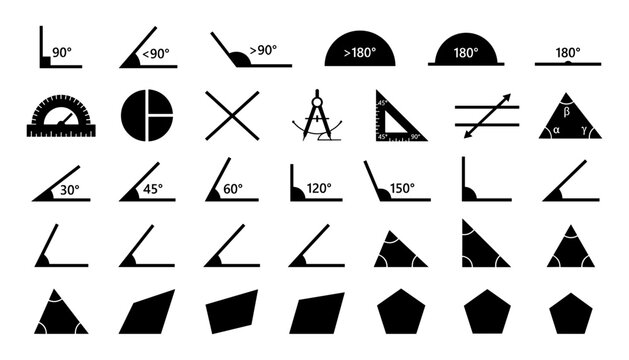 Geometry Angle and Polygon Symbol Set with Degree Measurements, Triangles, Circles, Quadrilaterals and Mathematical Shapes for Education and Design