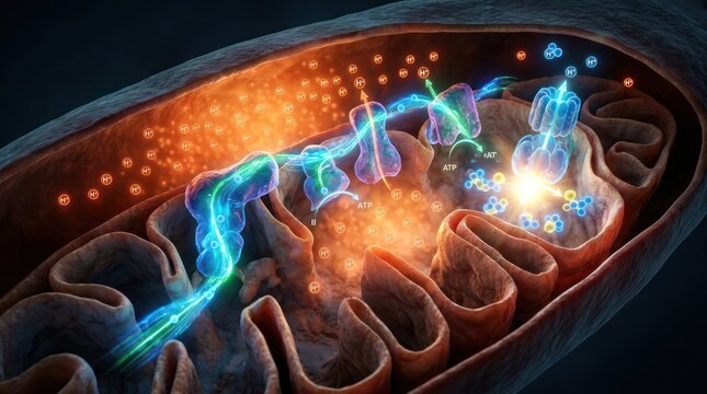 Cellular energy production process inside mitochondria microscopic view