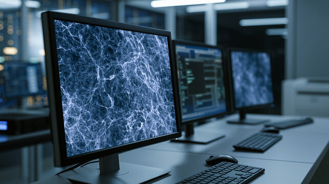Computer monitor showing complex cosmic web structure visualization in dark office space for scientific data analysis research.