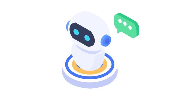 Isometric 3D AI Robot Chatbot Assistant Icon with Speech Bubble for Artificial Intelligence Technology Customer Support Concept