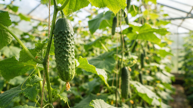 Fresh green cucumber hanging on a vine inside a greenhouse