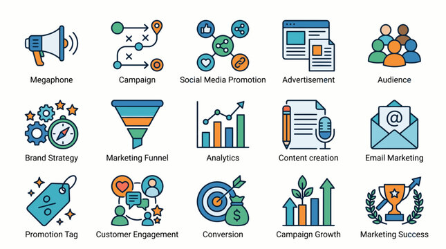 Digital marketing strategy icons set marketing funnel and business growth