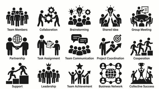 Teamwork and corporate collaboration icons set business partnership and leadership