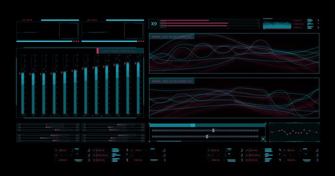 Futuristic digital interface displays flowing waveforms, vertical level meters, graphs and analytical data panels.