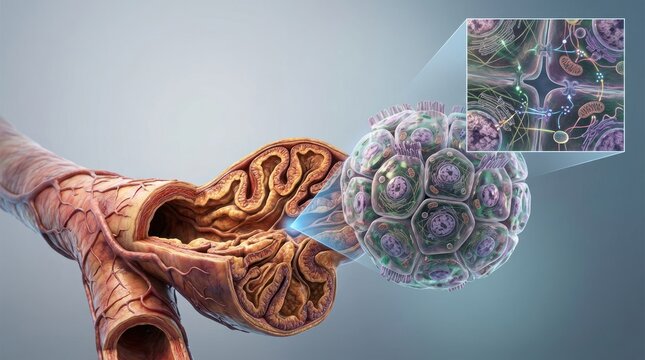 Microscopic view of human kidney glomerulus and cell structures medical illustration