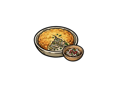 Delicious Mung Bean Pancake Served Whole On A Ceramic Plate With A Small Bowl Of Spicy Dipping Sauce With Onion And Chili Slices Vector Illustration