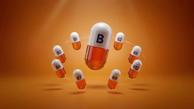 Floating b vitamin pills with b1 through b12 capsules in warm background