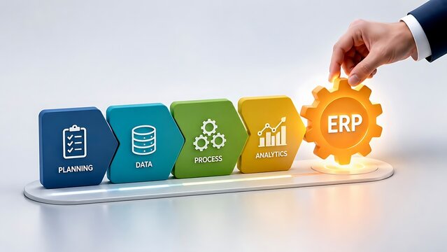 Hand placing an ERP gear into a sequence of colorful blocks representing planning data process and analytics for enterprise resource management