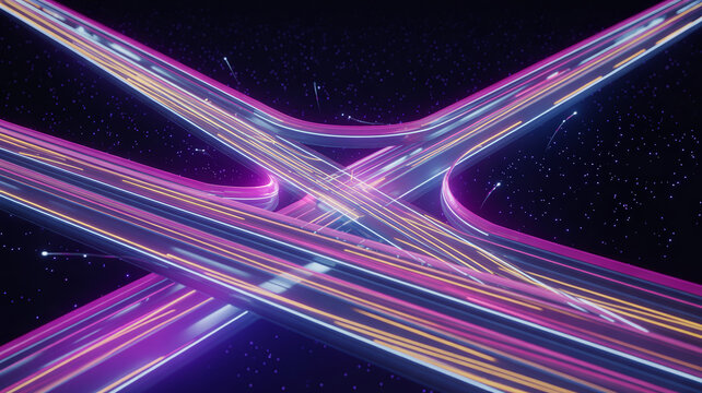 Futuristic neon light trails forming highway intersection on dark starry background for concepts of digital communication speed.
