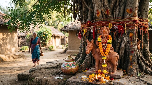 Clay idol of goddess shitala mata under neem tree in traditional indian village
