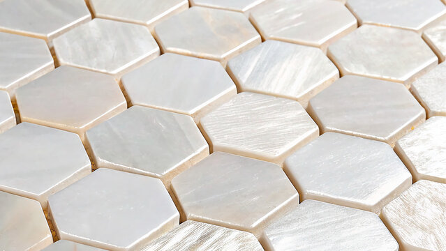 Geometric pattern of white hexagonal marble mosaic tiles