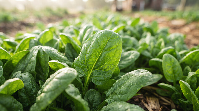 Green spinach leaves growing in soil on a vegetable farm