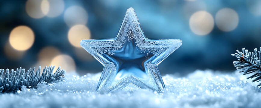 Shiny Christmas star decoration on blurry bokeh snow background