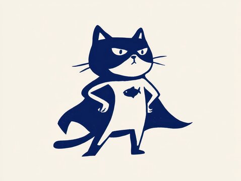 Superhero cat character wearing a cape with a fish emblem