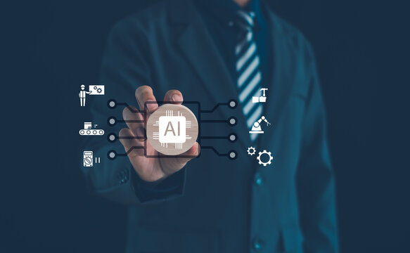 Business professional applying AI automation for smart manufacturing, industrial robotics, predictive maintenance, process optimization, engineering innovation, and digital transformation.
