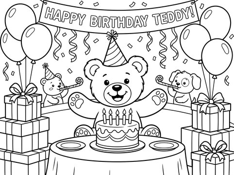 Cute Teddy Bear Celebrating Birthday Party with Cake and Friends Coloring Page Vector Illustration