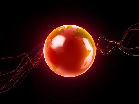 Glowing red and orange globe with flowing light lines on black